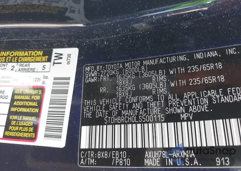 2020 Toyota Highlander Hybrid Xle из США, поврежденный, VIN 5TDHBRCH0LS500115